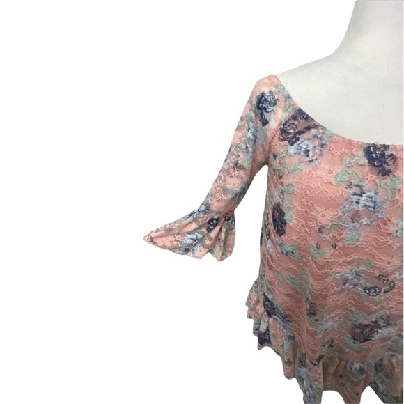 Almost Famous Off The Shoulder Lace Pink Floral Top - Size Small - Picture 9 of 14